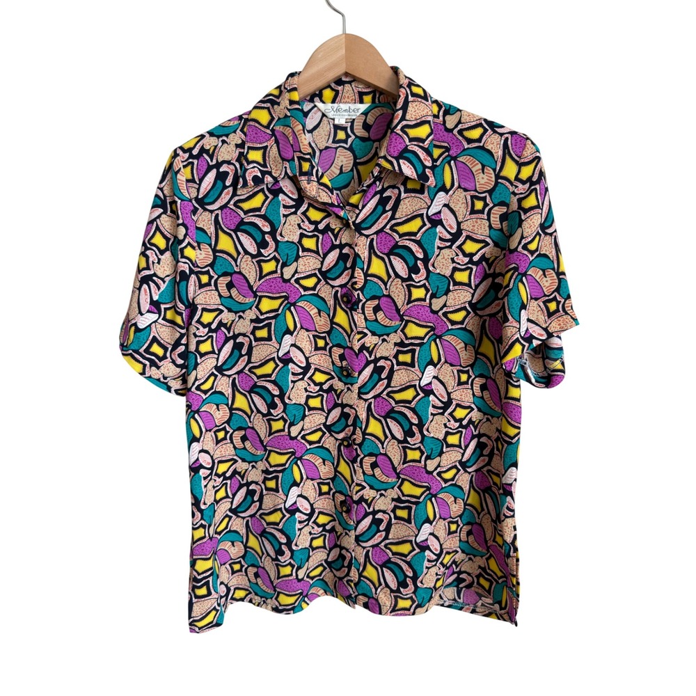 Vintage Abstract Geometric Print Button Up Blouse Short Sleeve Art Teacher L